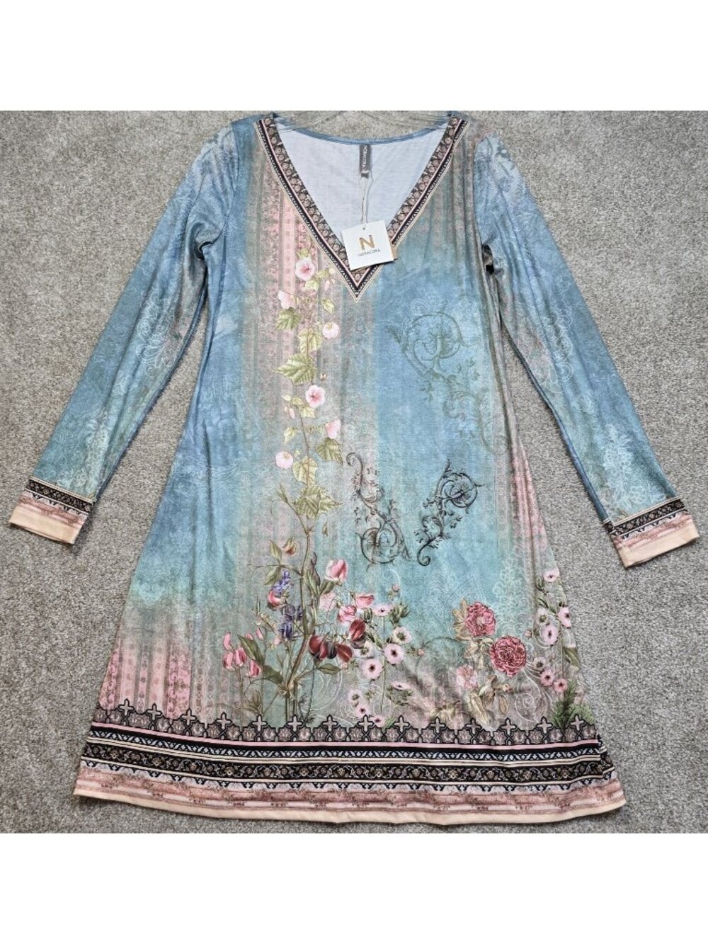 Noracora Country Boho Long Sleeve V-Neck Tee Shirt Dress Floral Women's S NWT